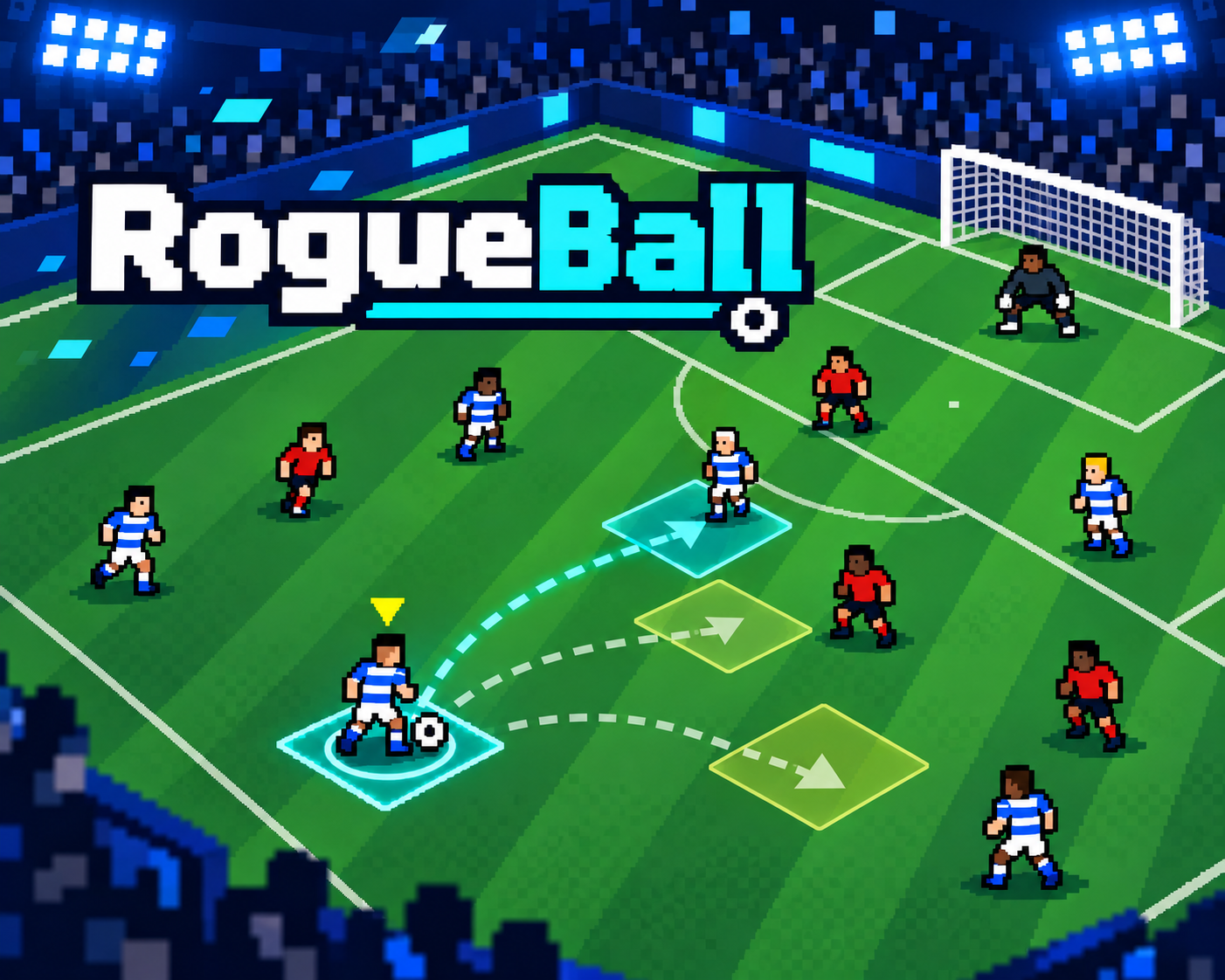 RogueBall: fútbol moderno pixel art con jugadores y opciones tácticas de pase